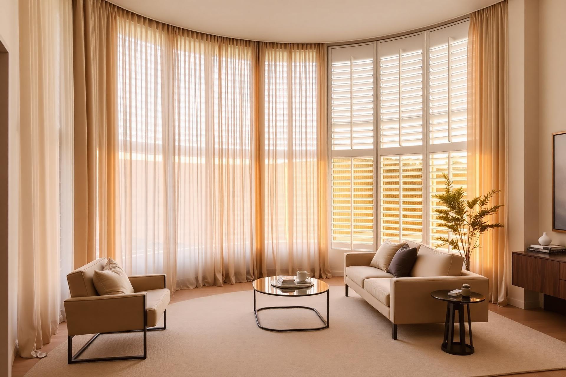 Luxury Melbourne living room with curtains and plantation shutters